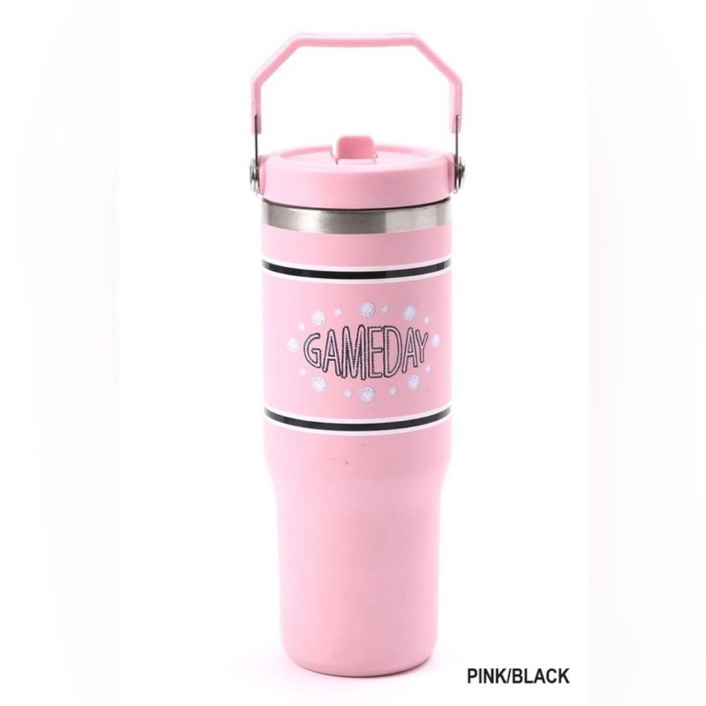 NEW Game Day 30oz Stainless Steel Flip Top Straw Tumbler Pink Black Hot Cold NIB - Picture 3 of 7